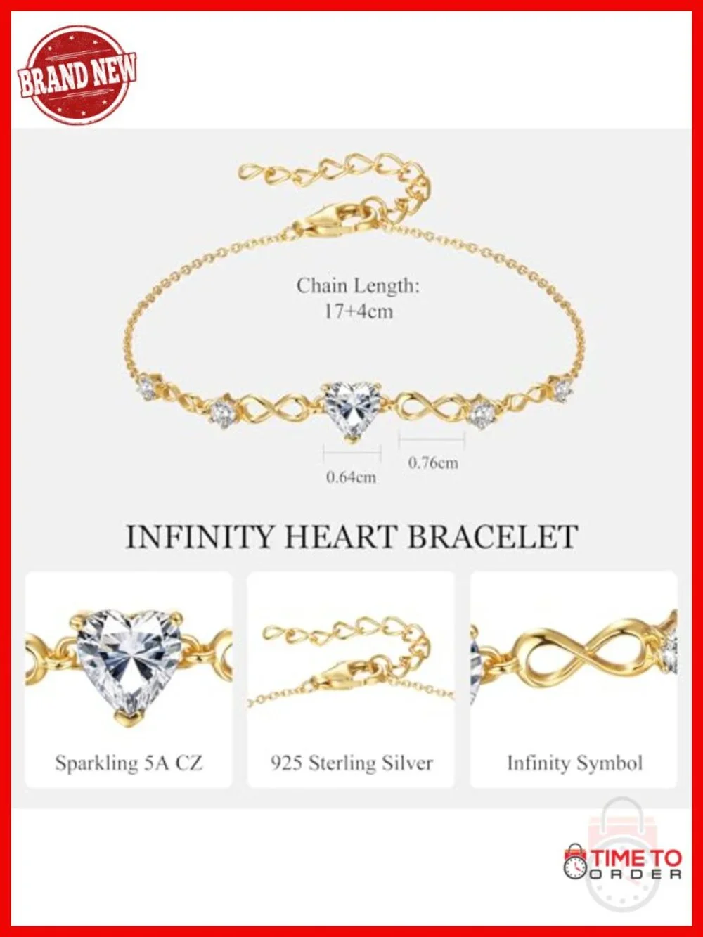 925 Sterling Silver Infinity Heart Birthstone Charm Link Bracelet Adjustable